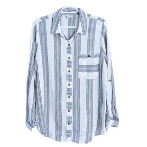 Reitmans linen blend stripped button down shirt blue white Large A10